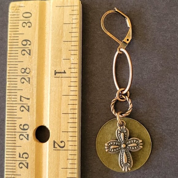 Beautiful Copper Bronze CROSS Charm Coin Lever Back Earrings Faith, Hope, Love - Picture 4 of 8